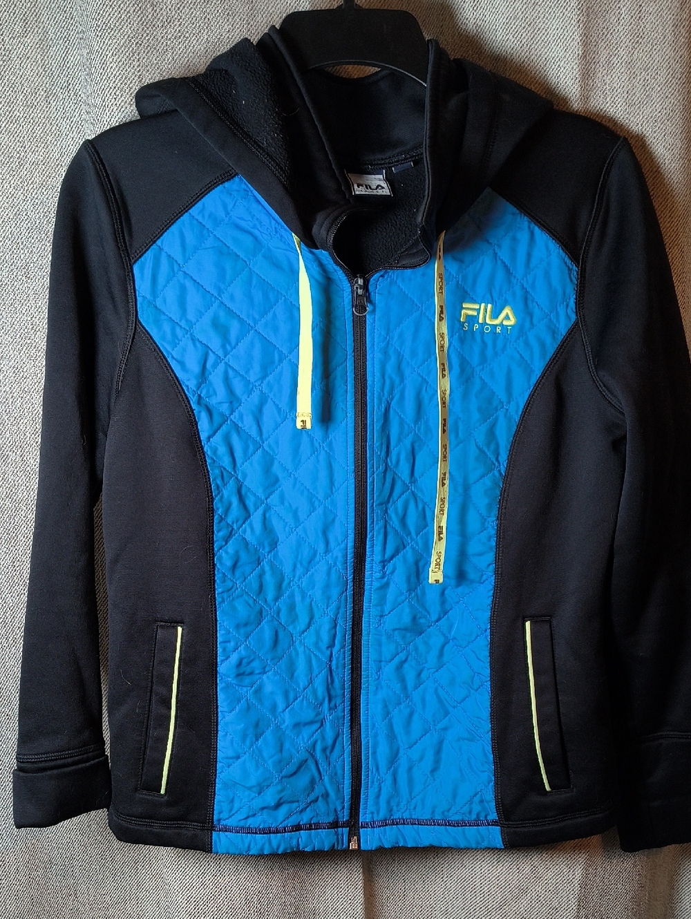 Fila Women's Black & Blue Quilted Zip Hoodie with Yellow Accents